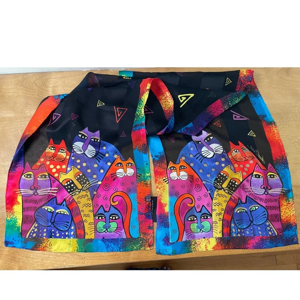 Laurel Burch Silk Scarf Multi Color Cat‎ Art Print Long Rectangle 2015
